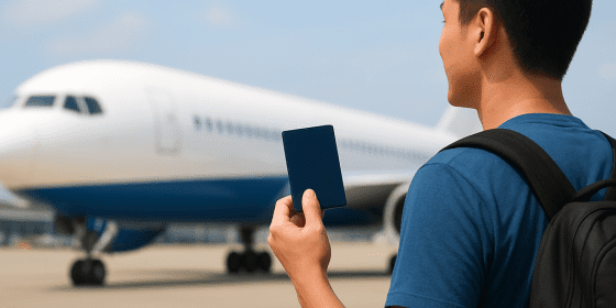 Viaggiatore con passaporto in aeroporto pronto a volare verso la Thailandia.