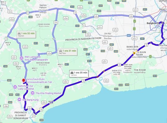Mappa del percorso da Bangkok al mercato galleggiante di Damnoen Saduak