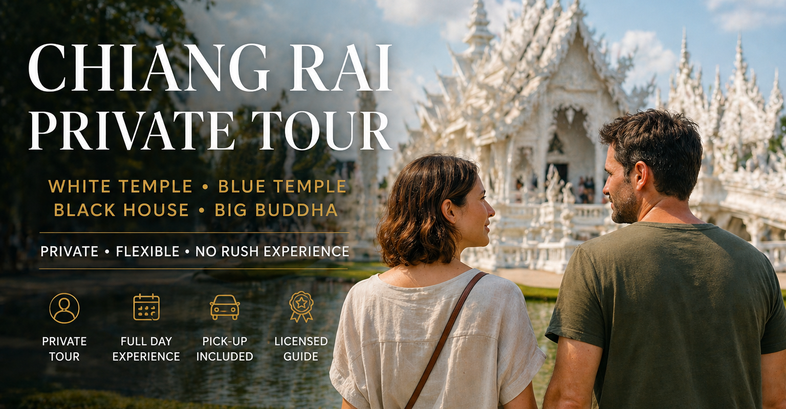 Couple visiting White Temple in Chiang Rai during a private tour including Blue Temple, Black House and Big Buddha