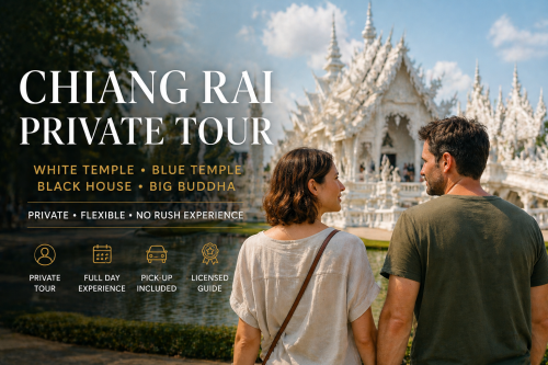 Couple visiting White Temple in Chiang Rai during a private tour including Blue Temple, Black House and Big Buddha