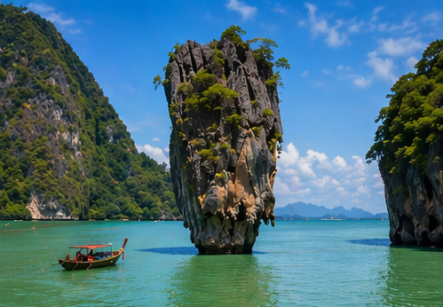 James Bond Island limestone cliffs and longtail boat in Phang Nga Bay