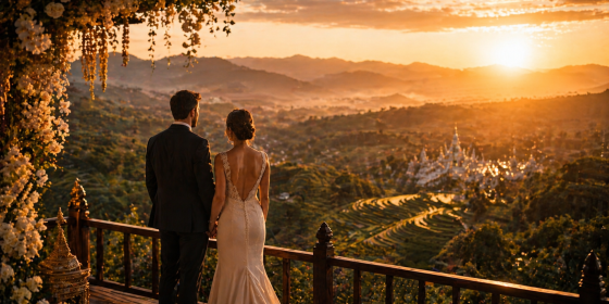 A romantic couple enjoying a sunset over the Doi Tung rice terraces during an exclusive wedding ceremony in Chiang Rai. Luxury Lanna wedding photography with a view of Northern Thailand mountains.
