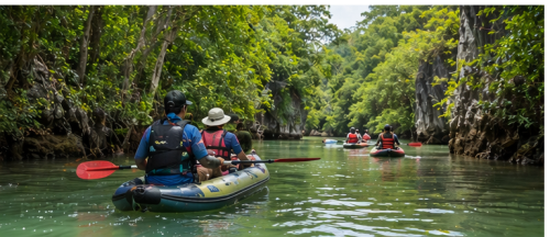 Canoe tour in Phang Nga Bay lagoon with limestone cliffs