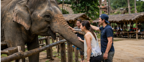Elephant sanctuary experience in Phuket with visitors and elephants